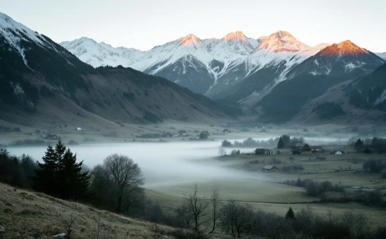 Thin layer of wood smoke lying flat over a frosty mountain valley at winter dawn