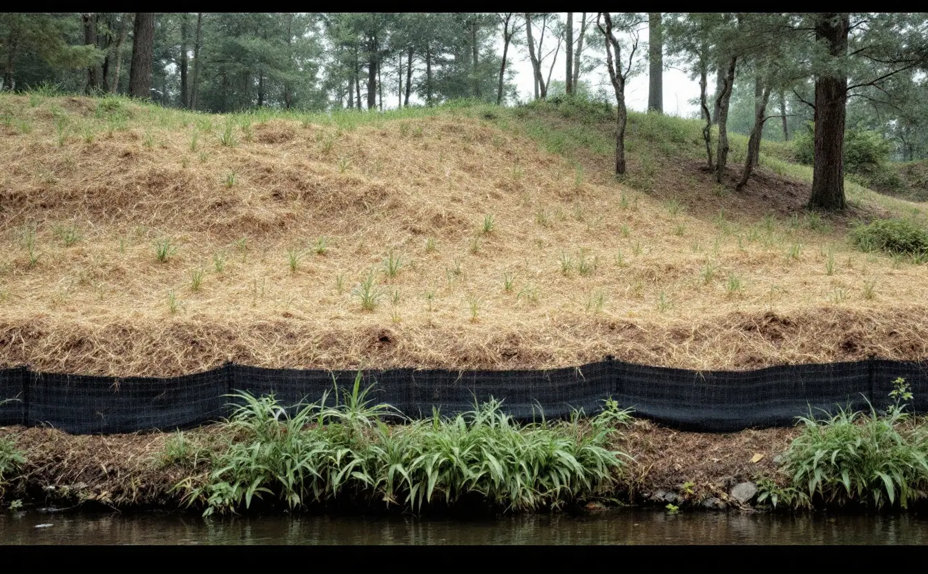 Straw-mulched graded hillside with sprouting grass and silt fence above a wooded creek