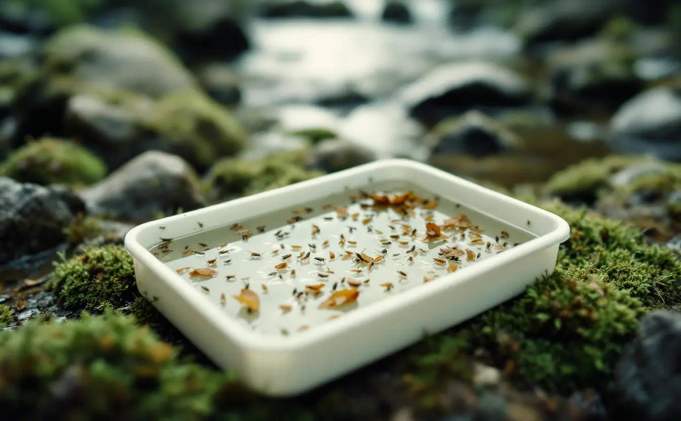 White sorting tray of stream insects and leaf bits on mossy rocks beside a riffle